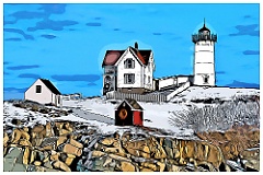 Snow Covered Nubble Light During Holidays - Digital Painting